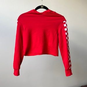 Red checkered sleeve crop top with hood